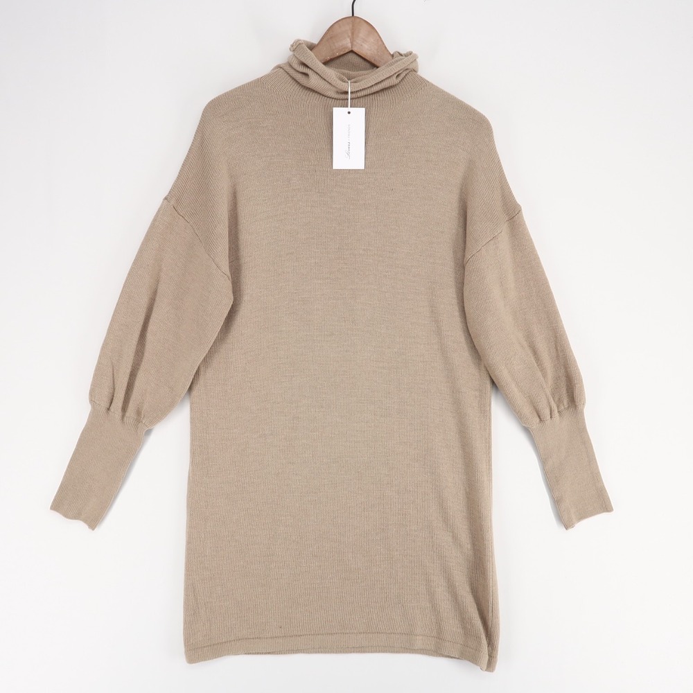 Lovers Friends‎ Sweater Dress Womens M Tan Turtleneck Balloon Sleeve Ribbed Wool